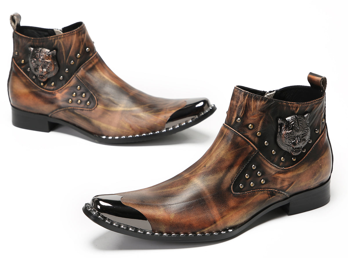 Mens Genuine Leather Matel Sqaure Toe Zipper Beads Ankle Western Boots