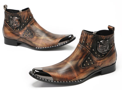 Mens Genuine Leather Matel Sqaure Toe Zipper Beads Ankle Western Boots