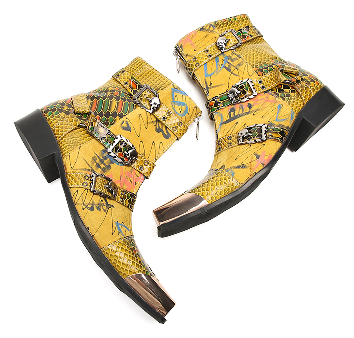 Mens Genuine Leather Dress Casual Metal Square Toe Buckles Cowboy Western Boots