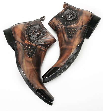Mens Genuine Leather Matel Sqaure Toe Zipper Beads Ankle Western Boots