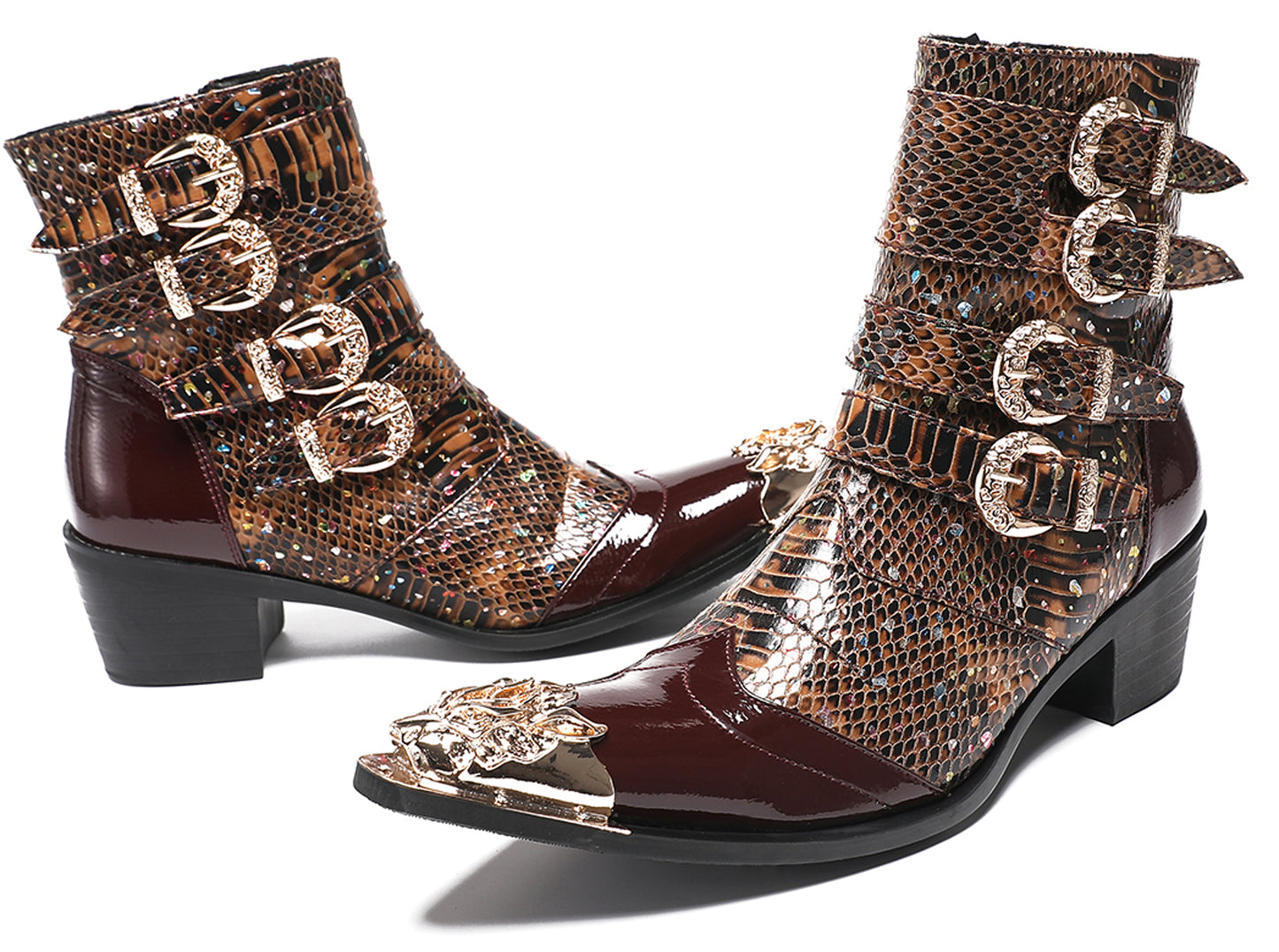 Mens Genuine Leather Punk Rock Dragon Square Toe Cowboy Western Boots