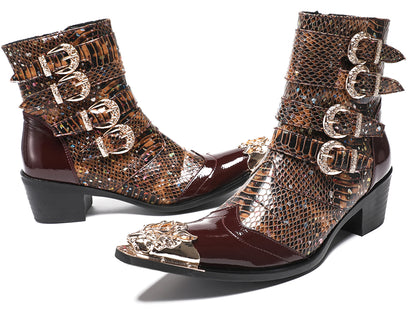 Mens Genuine Leather Punk Rock Dragon Square Toe Cowboy Western Boots