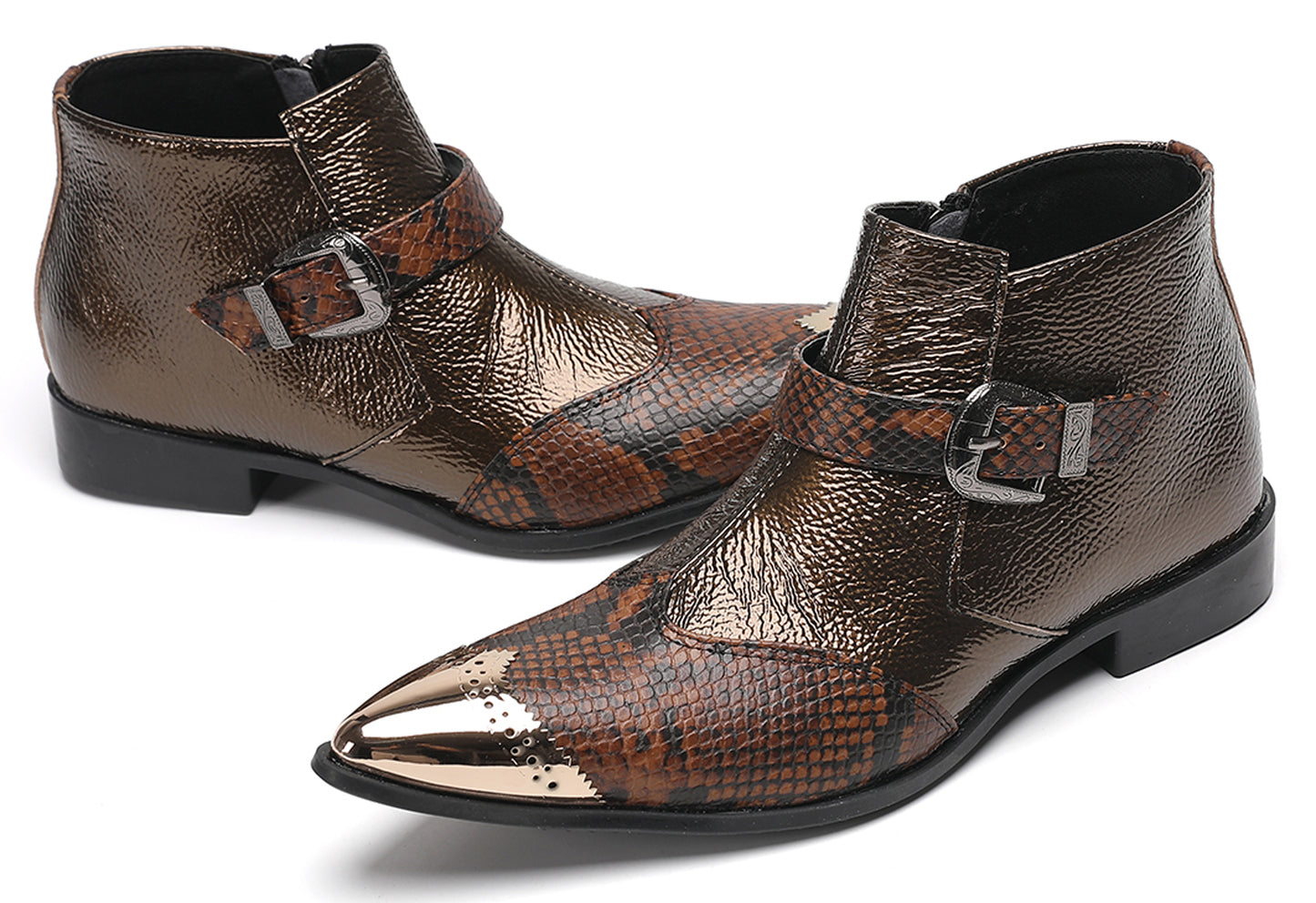 Mens Metallic Detail Buckle Strap Snake Print Ankle Western Boots