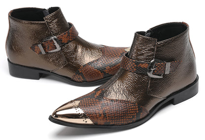 Mens Metallic Detail Buckle Strap Snake Print Ankle Western Boots