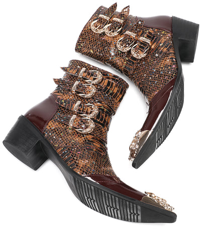 Mens Genuine Leather Punk Rock Dragon Square Toe Cowboy Western Boots