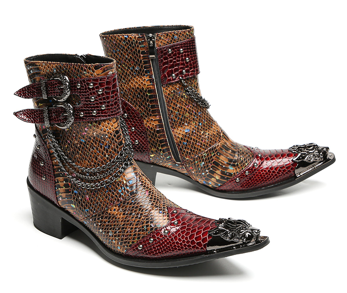 Mens Chains Studs Buckles Side Zip Metal Toe Cowboy Western Boots