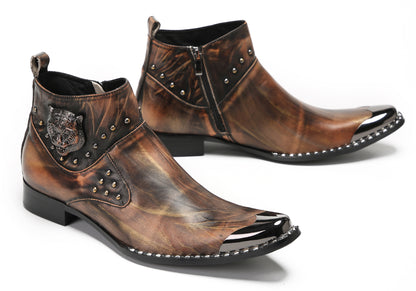 Mens Genuine Leather Matel Sqaure Toe Zipper Beads Ankle Western Boots