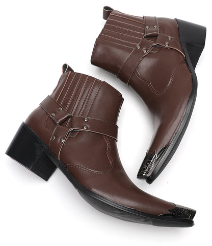 Mens Metallic Detailing Studded Strap Design Ankle Western Boots