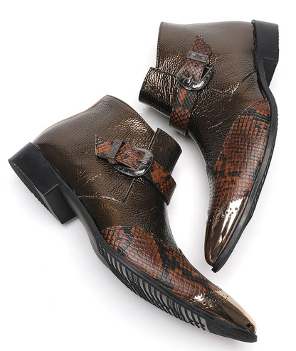 Mens Metallic Detail Buckle Strap Snake Print Ankle Western Boots