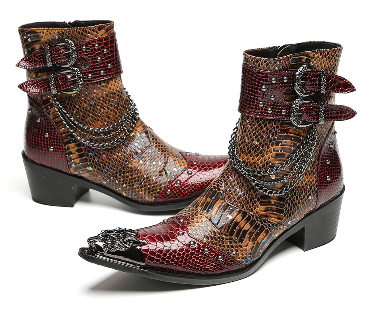 Mens Chains Studs Buckles Side Zip Metal Toe Cowboy Western Boots