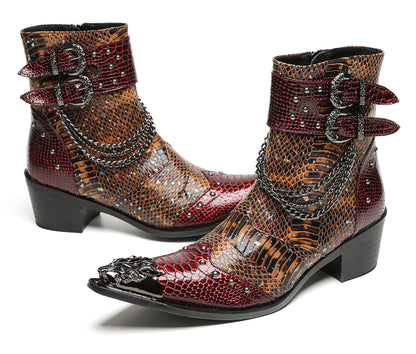 Mens Chains Studs Buckles Side Zip Metal Toe Cowboy Western Boots