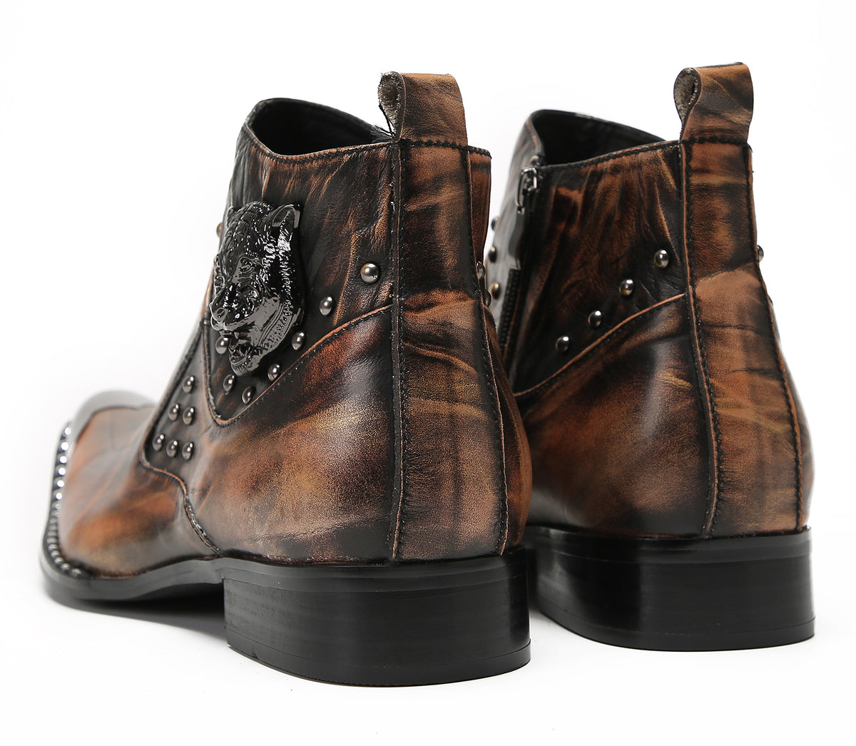 Mens Genuine Leather Matel Sqaure Toe Zipper Beads Ankle Western Boots