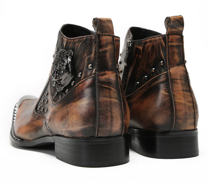 Mens Genuine Leather Matel Sqaure Toe Zipper Beads Ankle Western Boots