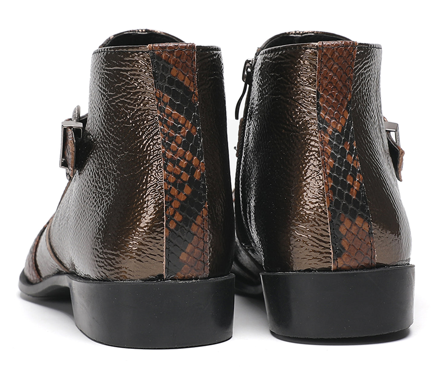 Mens Metallic Detail Buckle Strap Snake Print Ankle Western Boots