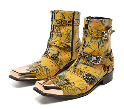 Mens Genuine Leather Dress Casual Metal Square Toe Buckles Cowboy Western Boots