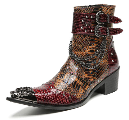 Mens Chains Studs Buckles Side Zip Metal Toe Cowboy Western Boots