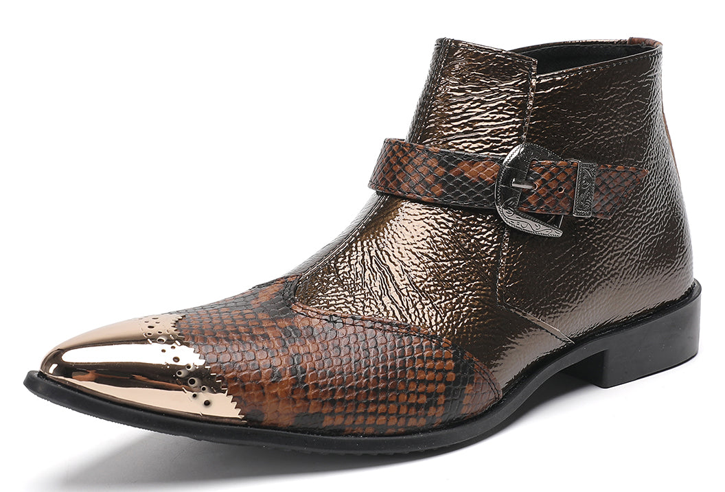 Mens Metallic Detail Buckle Strap Snake Print Ankle Western Boots