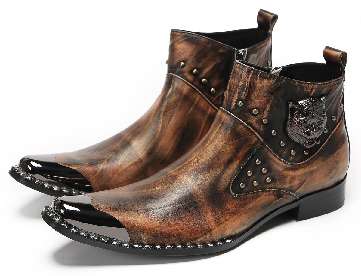 Mens Genuine Leather Matel Sqaure Toe Zipper Beads Ankle Western Boots