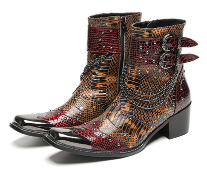 Mens Chains Studs Buckles Side Zip Metal Toe Cowboy Western Boots