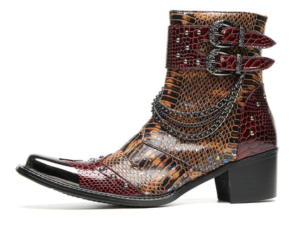 Mens Chains Studs Buckles Side Zip Metal Toe Cowboy Western Boots