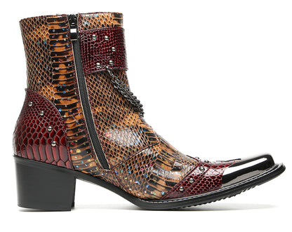 Mens Chains Studs Buckles Side Zip Metal Toe Cowboy Western Boots