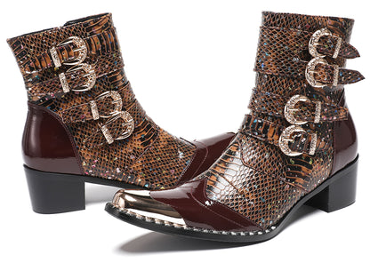 Mens Genuine Leather Punk Rock Dragon Square Toe Cowboy Western Boots