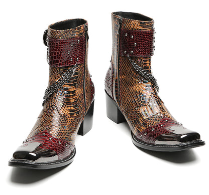 Mens Chains Studs Buckles Side Zip Metal Toe Cowboy Western Boots