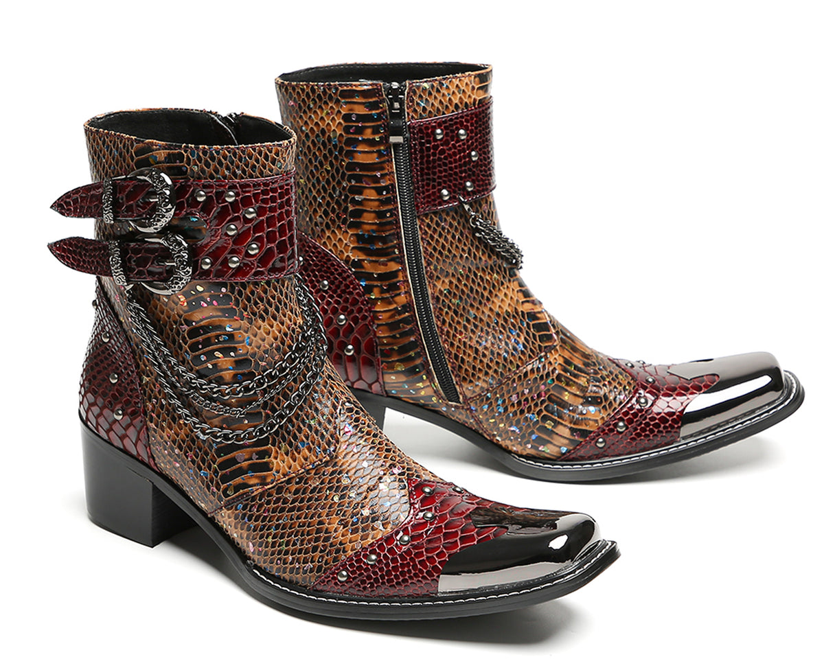 Mens Chains Studs Buckles Side Zip Metal Toe Cowboy Western Boots