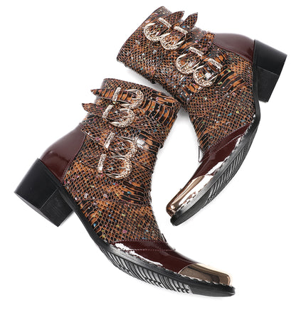 Mens Genuine Leather Punk Rock Dragon Square Toe Cowboy Western Boots