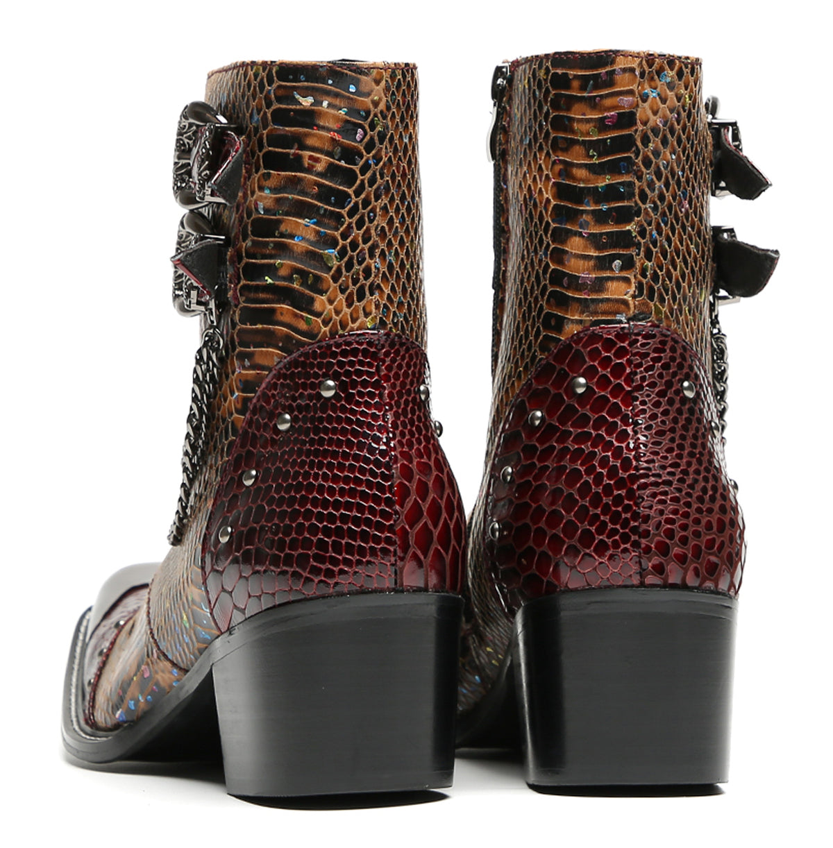 Mens Chains Studs Buckles Side Zip Metal Toe Cowboy Western Boots