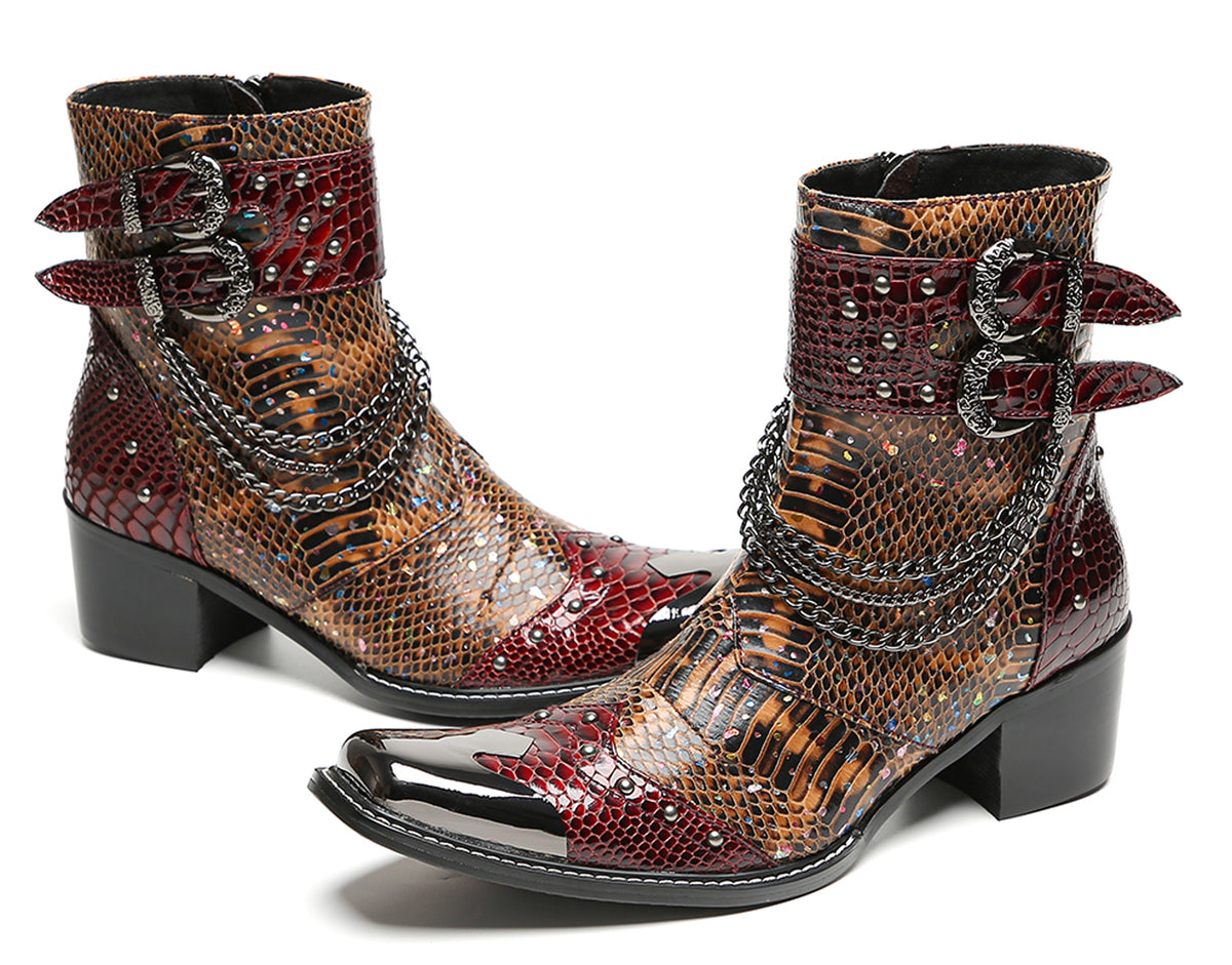 Mens Chains Studs Buckles Side Zip Metal Toe Cowboy Western Boots