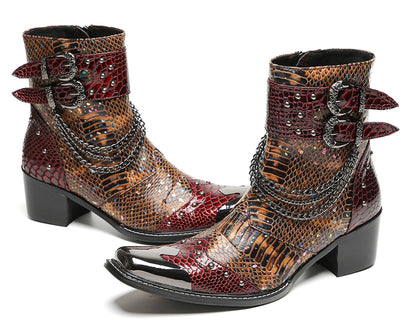 Mens Chains Studs Buckles Side Zip Metal Toe Cowboy Western Boots