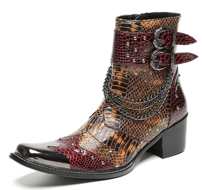 Mens Chains Studs Buckles Side Zip Metal Toe Cowboy Western Boots