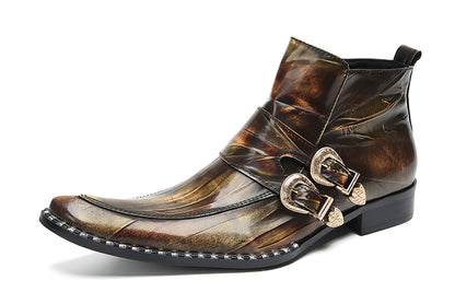 Mens Genunie Leather Casual Dress Party Leather Buckle Western Ankle Boots