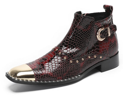 Mens Genuine Leather Snakeskin Texture Metal Square Toe Beads Western Boots
