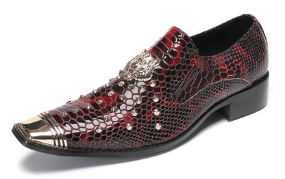 Mens Genuine Leather Snake Skin Texture Gold Glitter Beaded Western Loafers