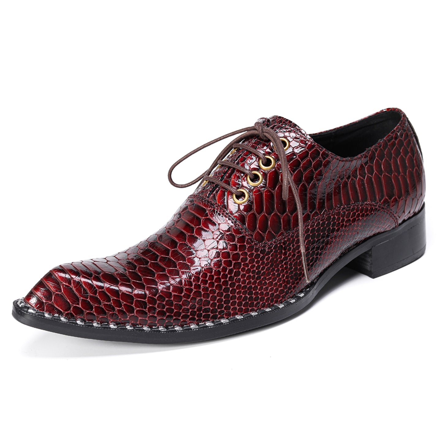 Mens Top-Grain Leather Burgundy Red Snakeskin-Embossed Oxfords Shoes