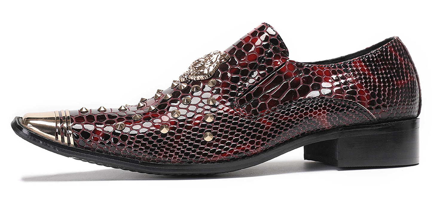 Mens Genuine Leather Snake Skin Texture Gold Glitter Beaded Western Loafers