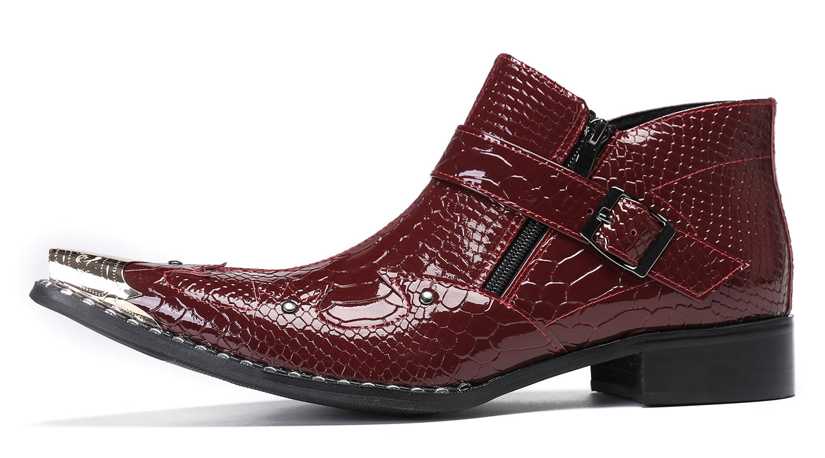 Mens Snakeskin Texture Metal Toe Double Zipper Ankle Western Boots