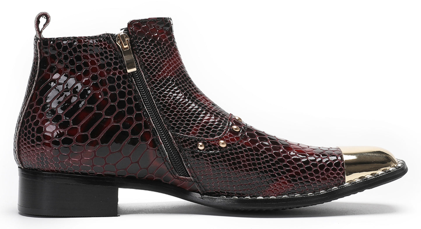 Mens Genuine Leather Snakeskin Texture Metal Square Toe Beads Western Boots