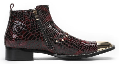 Mens Genuine Leather Snakeskin Texture Metal Square Toe Beads Western Boots
