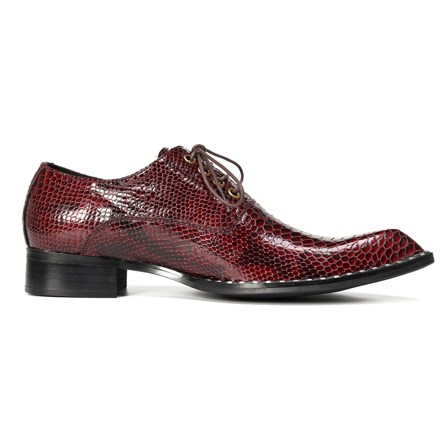 Mens Top-Grain Leather Burgundy Red Snakeskin-Embossed Oxfords Shoes