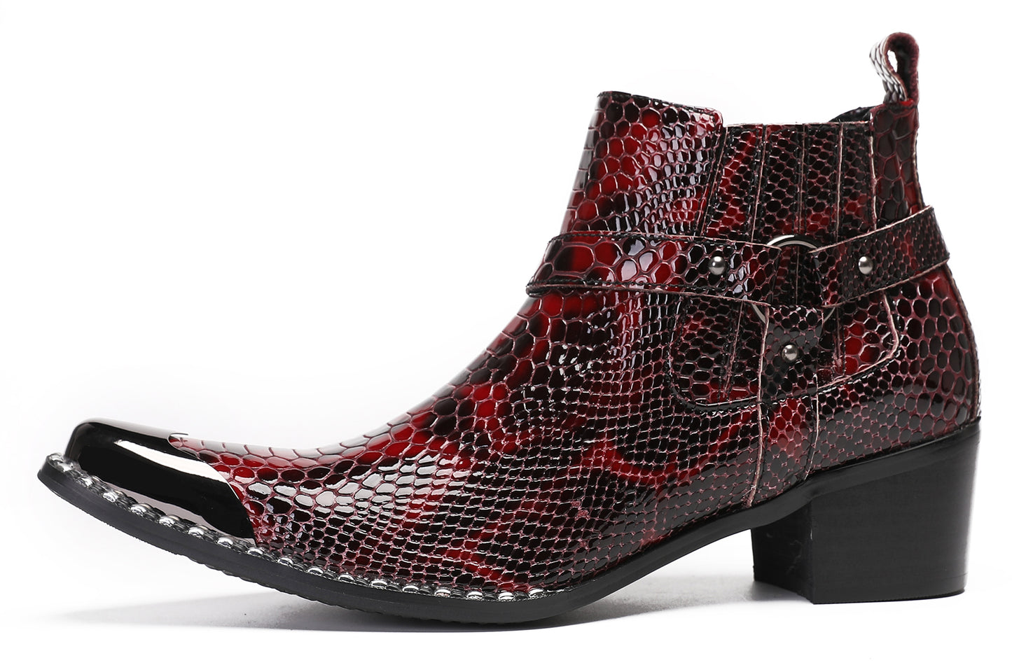 Mens Metal Square Toe Snakeskin Texture Ankle Western Boots