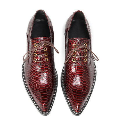Mens Top-Grain Leather Burgundy Red Snakeskin-Embossed Oxfords Shoes