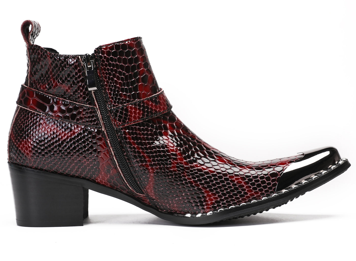 Mens Metal Square Toe Snakeskin Texture Ankle Western Boots