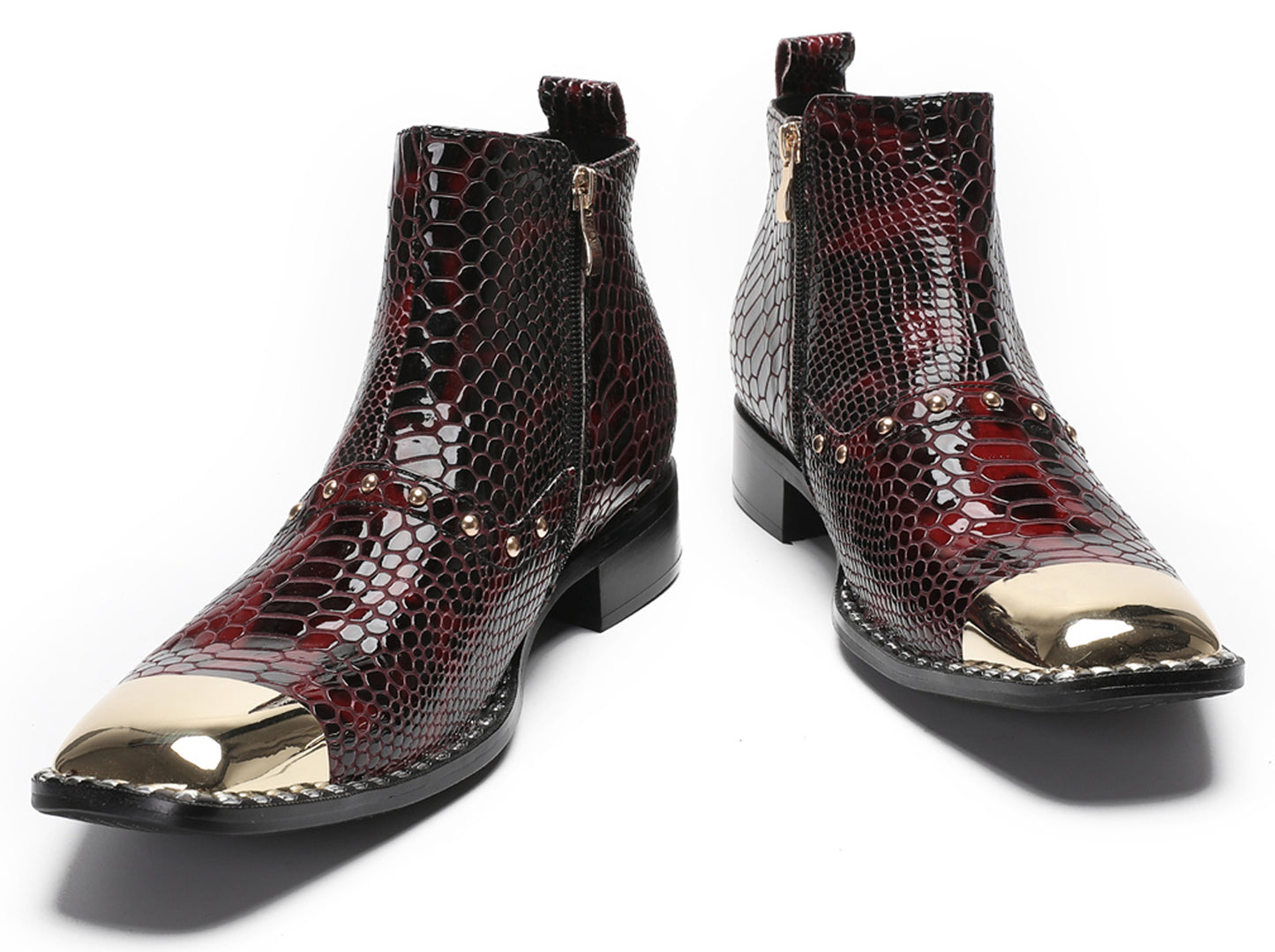 Mens Genuine Leather Snakeskin Texture Metal Square Toe Beads Western Boots