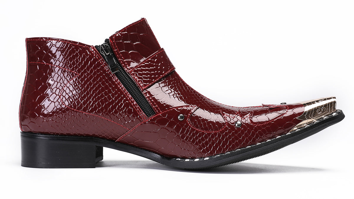 Mens Snakeskin Texture Metal Toe Double Zipper Ankle Western Boots