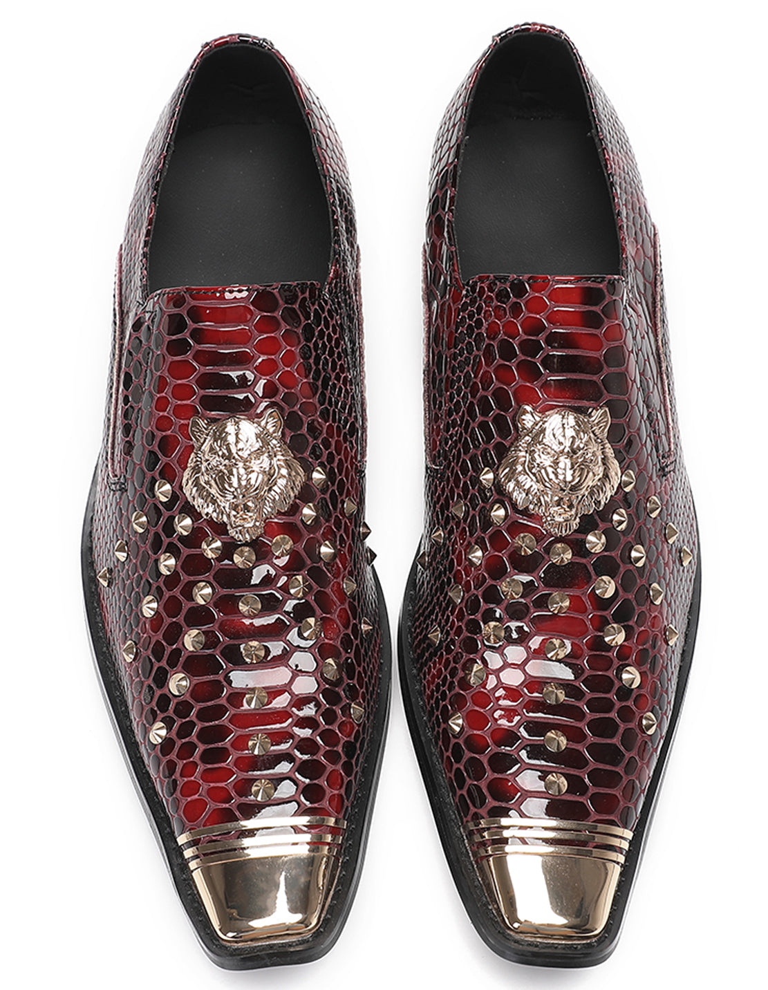 Mens Genuine Leather Snake Skin Texture Gold Glitter Beaded Western Loafers