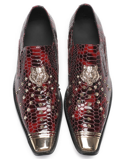 Mens Genuine Leather Snake Skin Texture Gold Glitter Beaded Western Loafers
