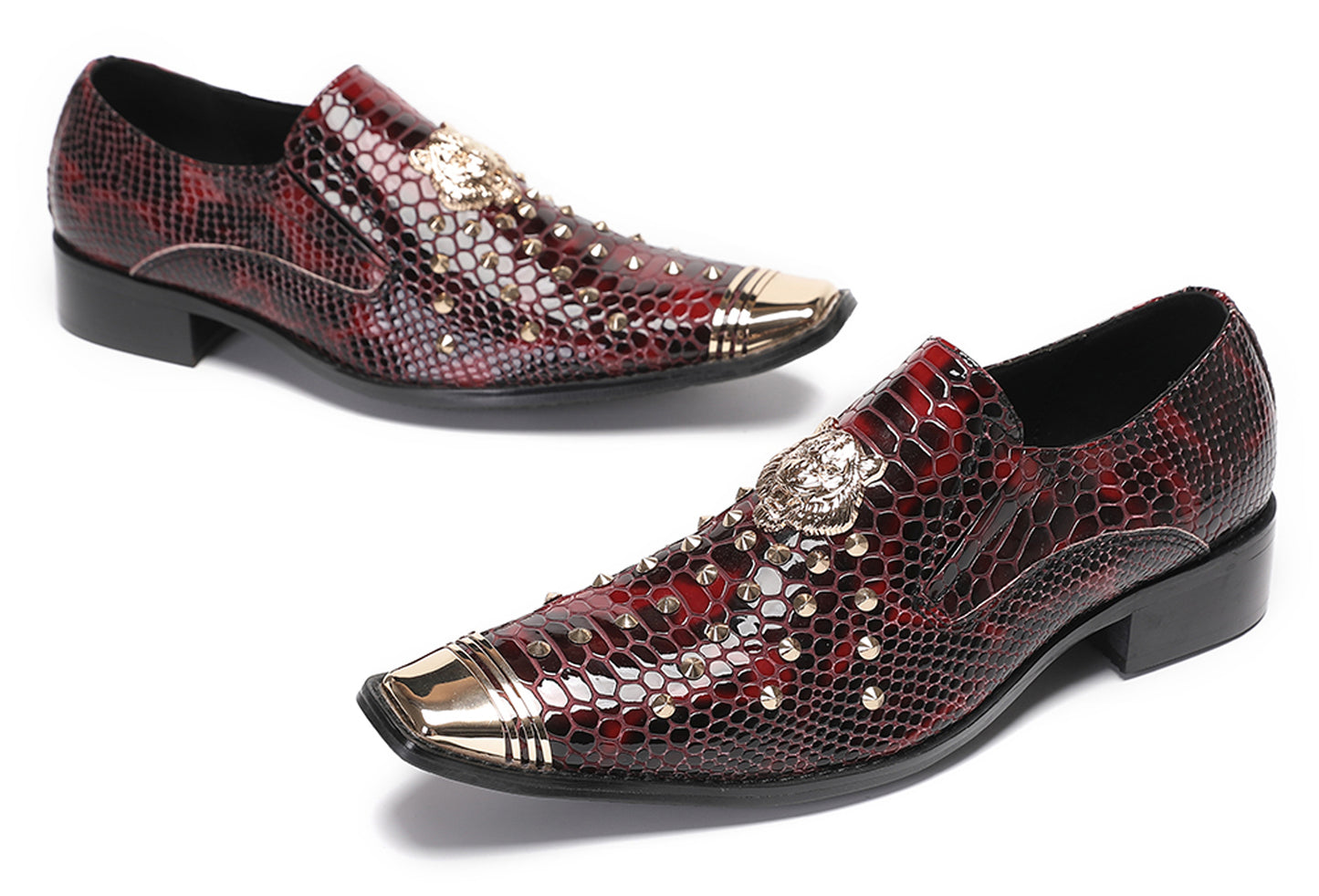 Mens Genuine Leather Snake Skin Texture Gold Glitter Beaded Western Loafers
